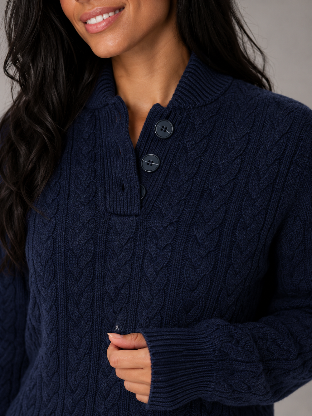 Women's Classic Cable Knit Button Neck Sweater