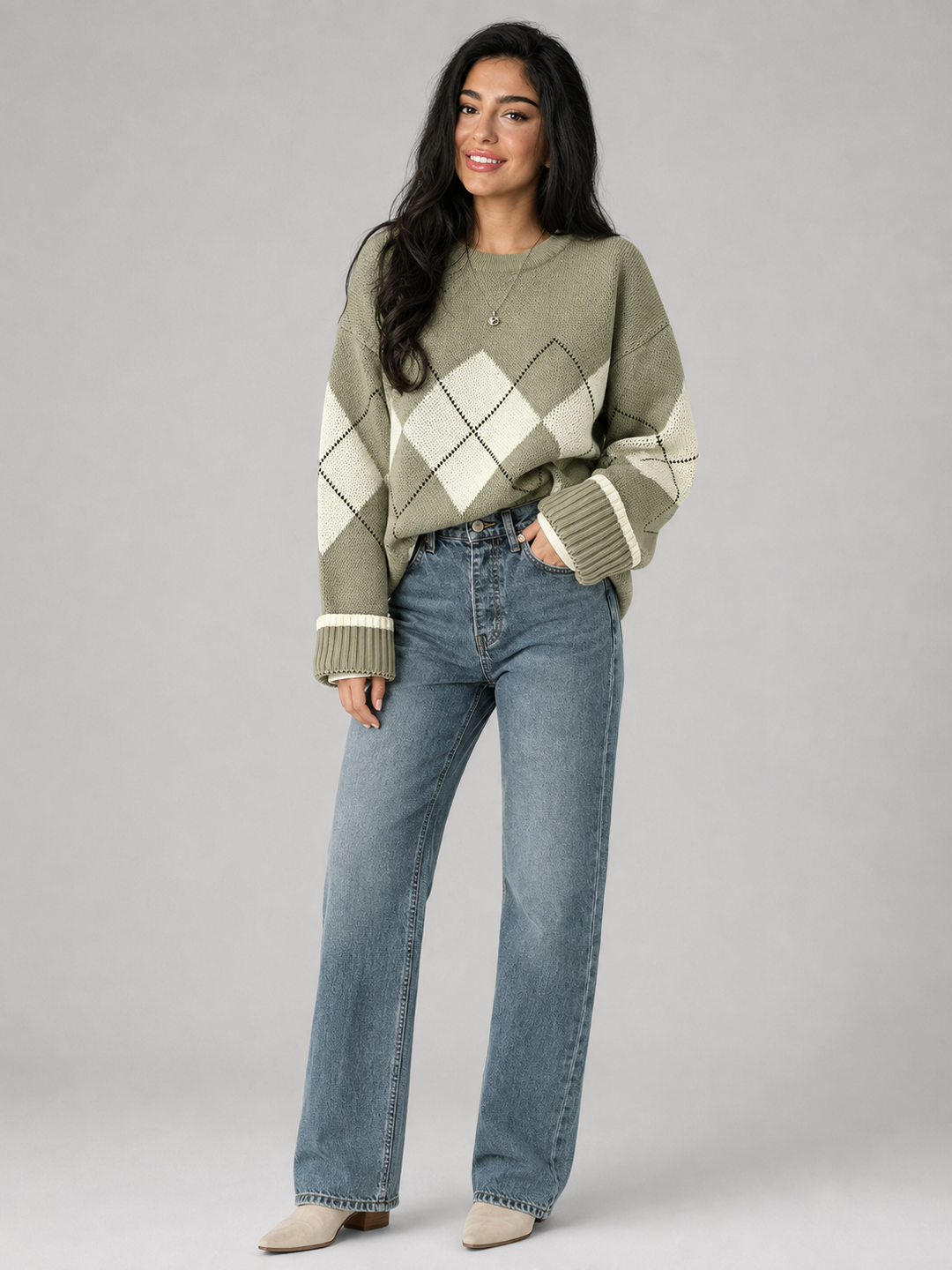 Women's Classic Knit Crewneck Sweater with Argyle Pattern