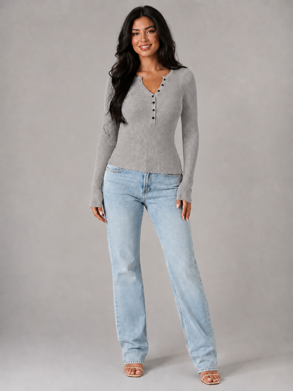 Women's Classic Ribbed Knit Button Front Top