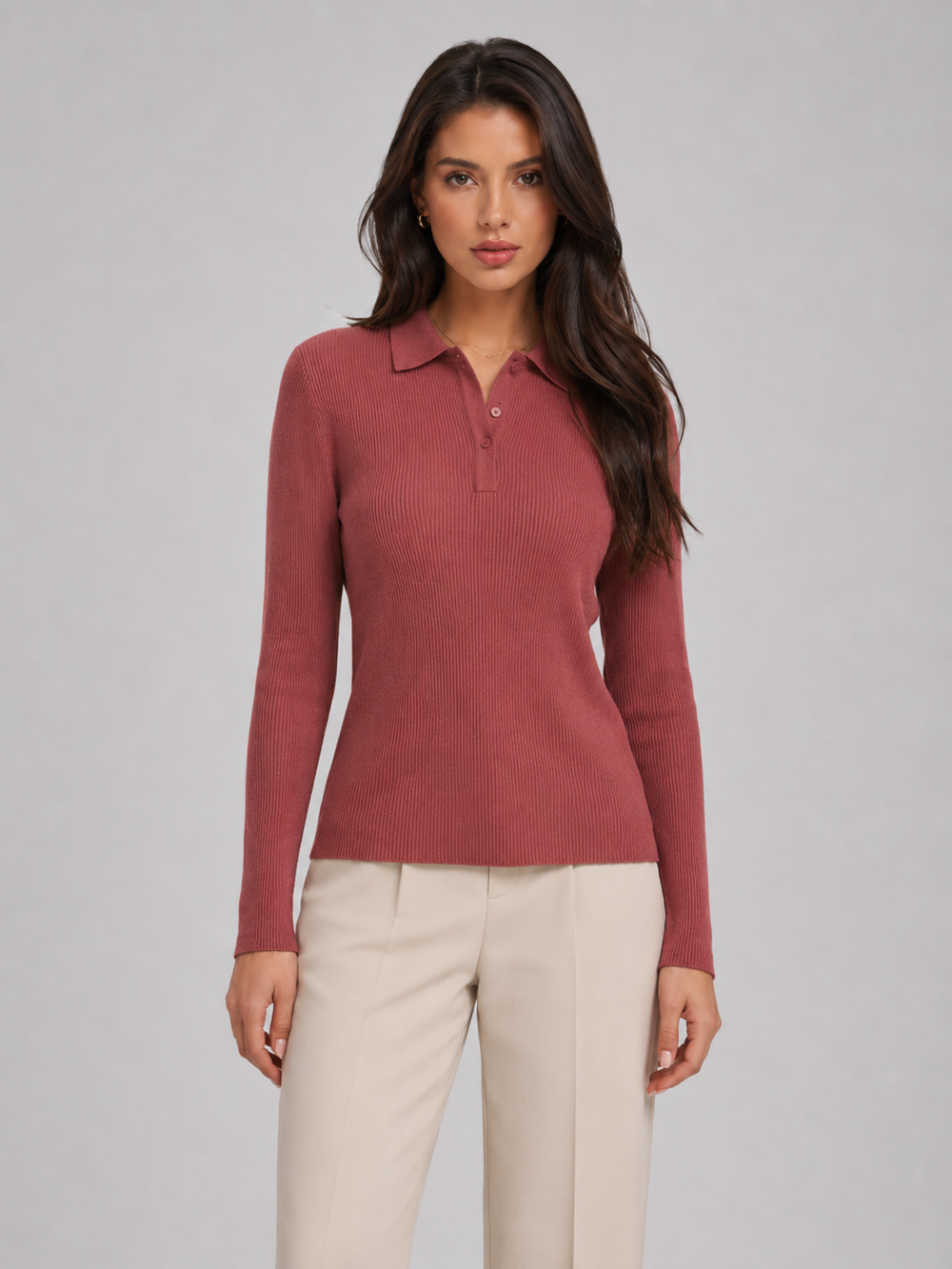 Women's Casual Ribbed Cotton Polo Knit Top