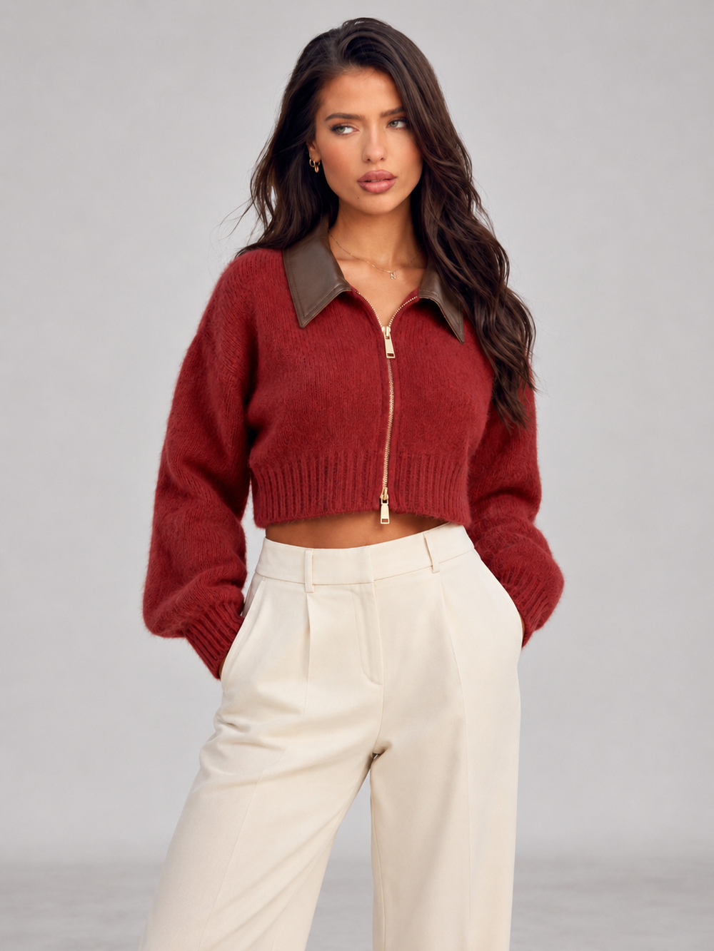 Women's Casual Fuzzy Cropped Zip Cardigan