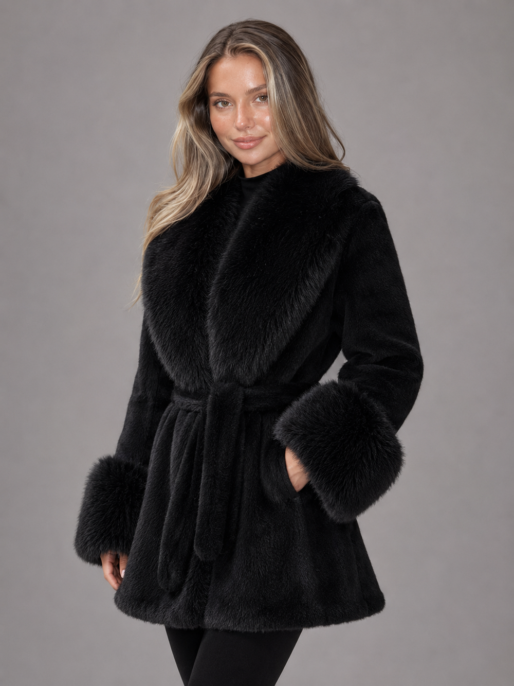Women's Classic Faux Fur Collar Belted Coat