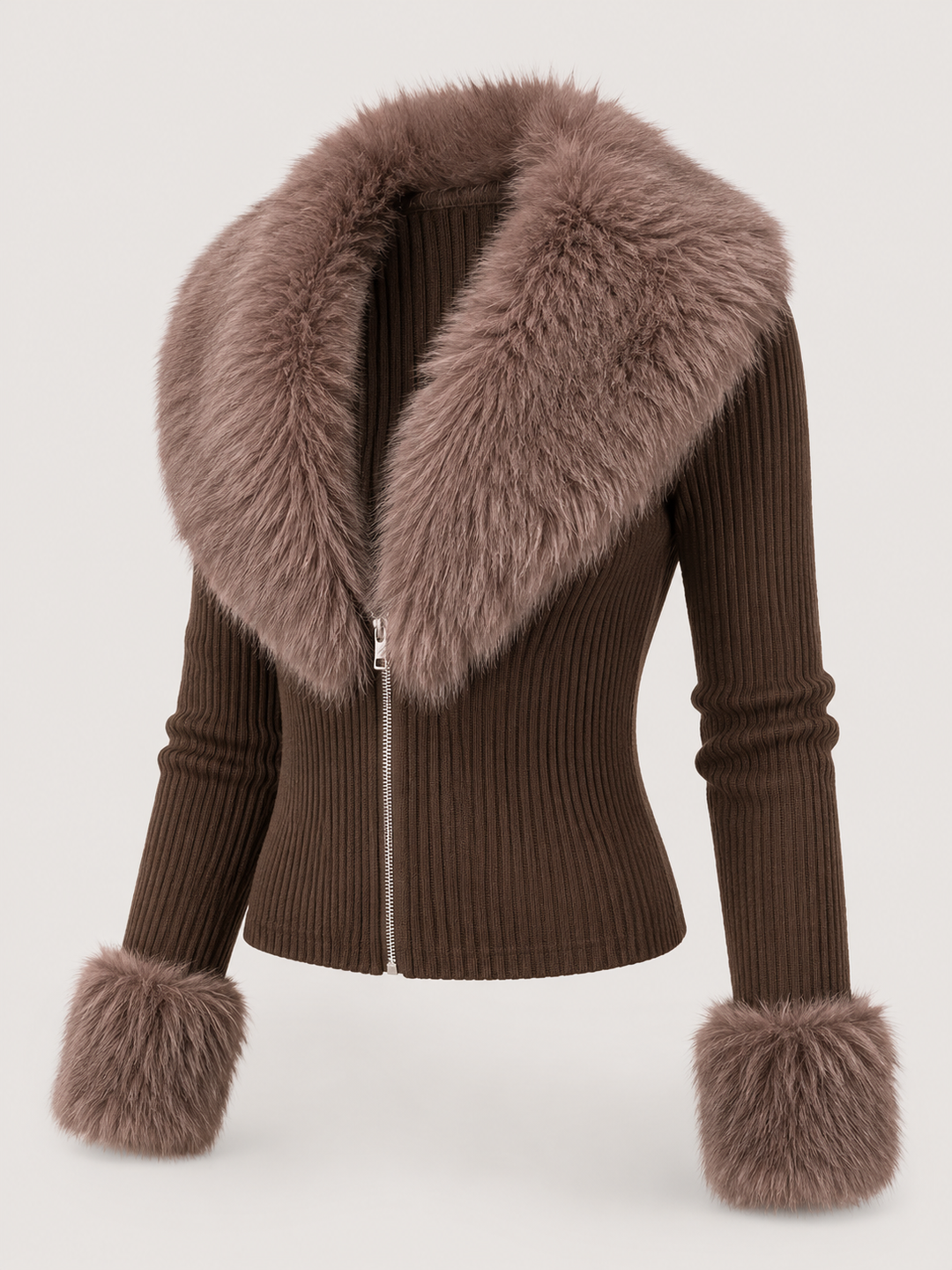Women's Casual Knit Cardigan with Faux Fur Trim and Zip