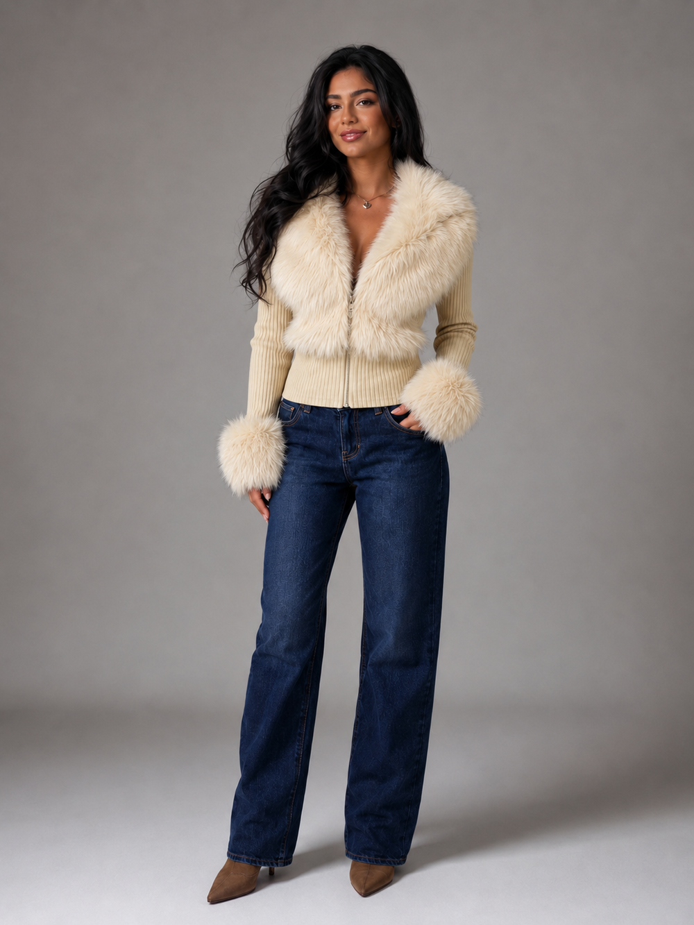 Women's Casual Knit Cardigan with Faux Fur Trim and Zip