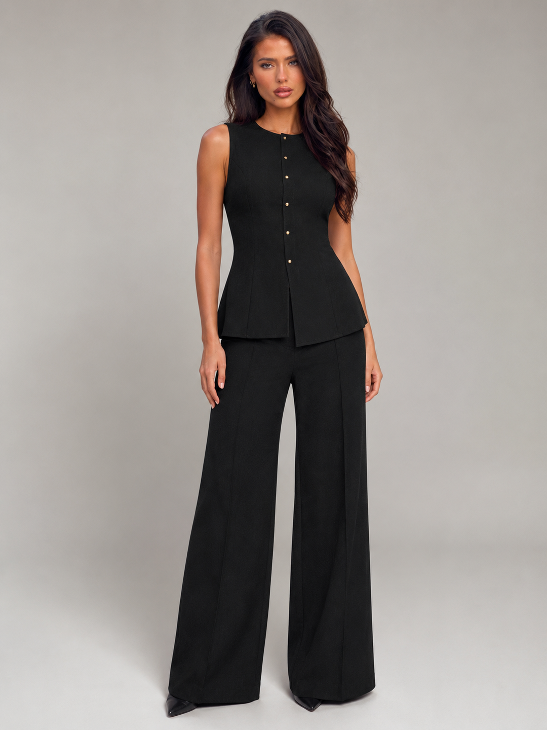 Women's Classic Tailored Vest and Wide Leg Pants Set in Black