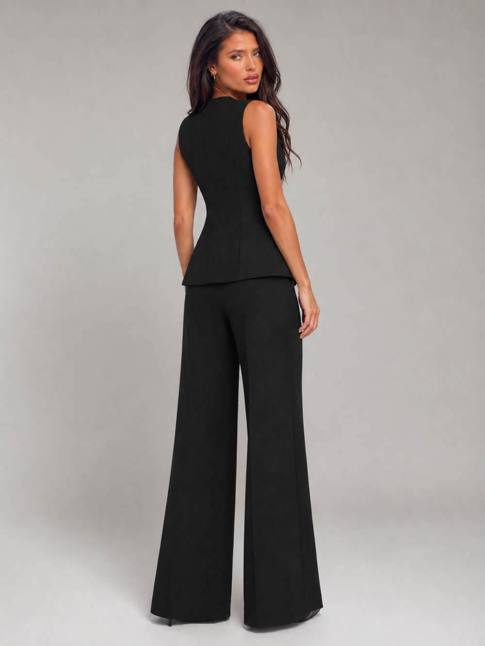 Women's Classic Tailored Vest and Wide Leg Pants Set in Black