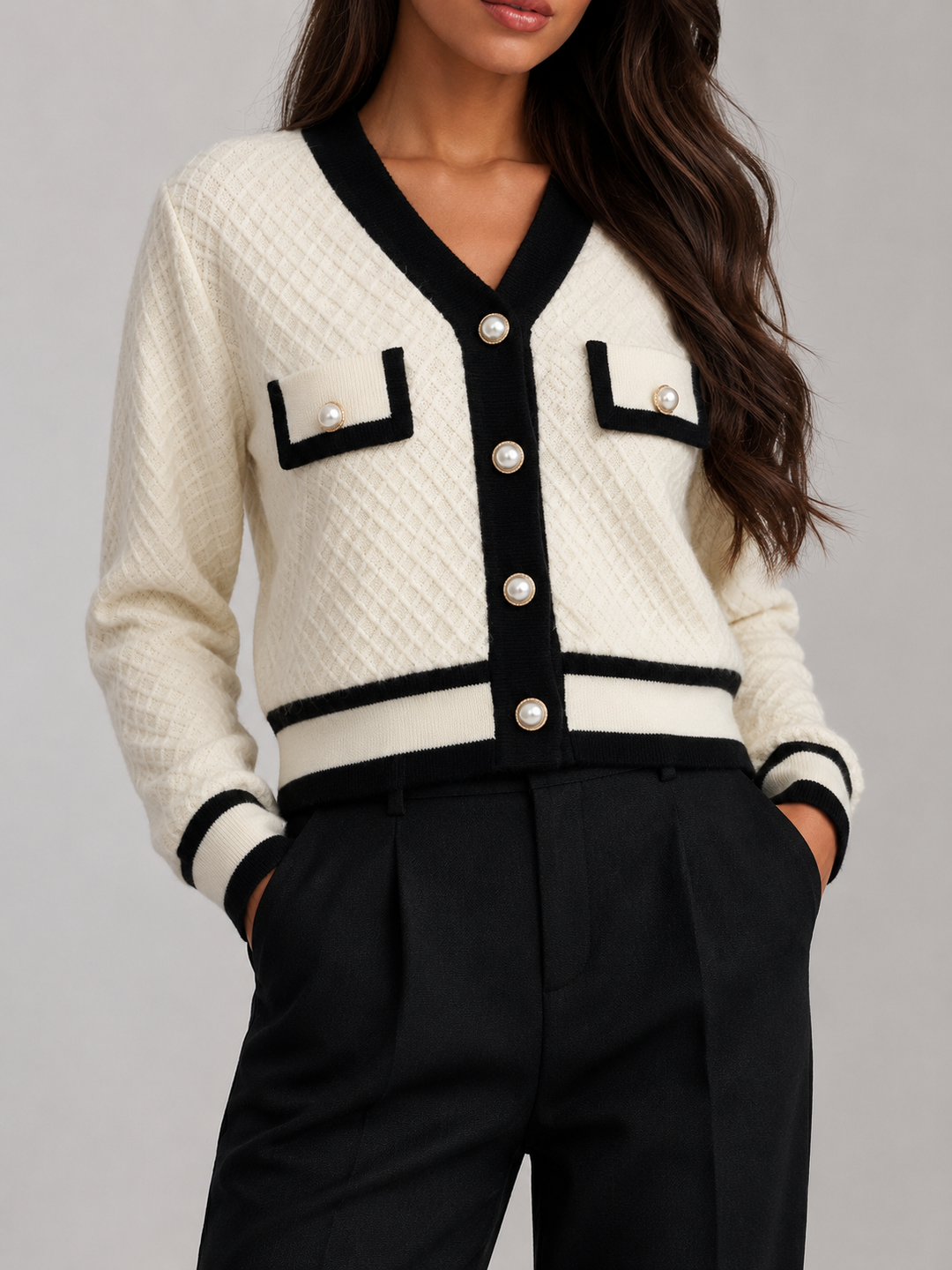 Women's Classic Textured Knit Cardigan with Contrast Trim