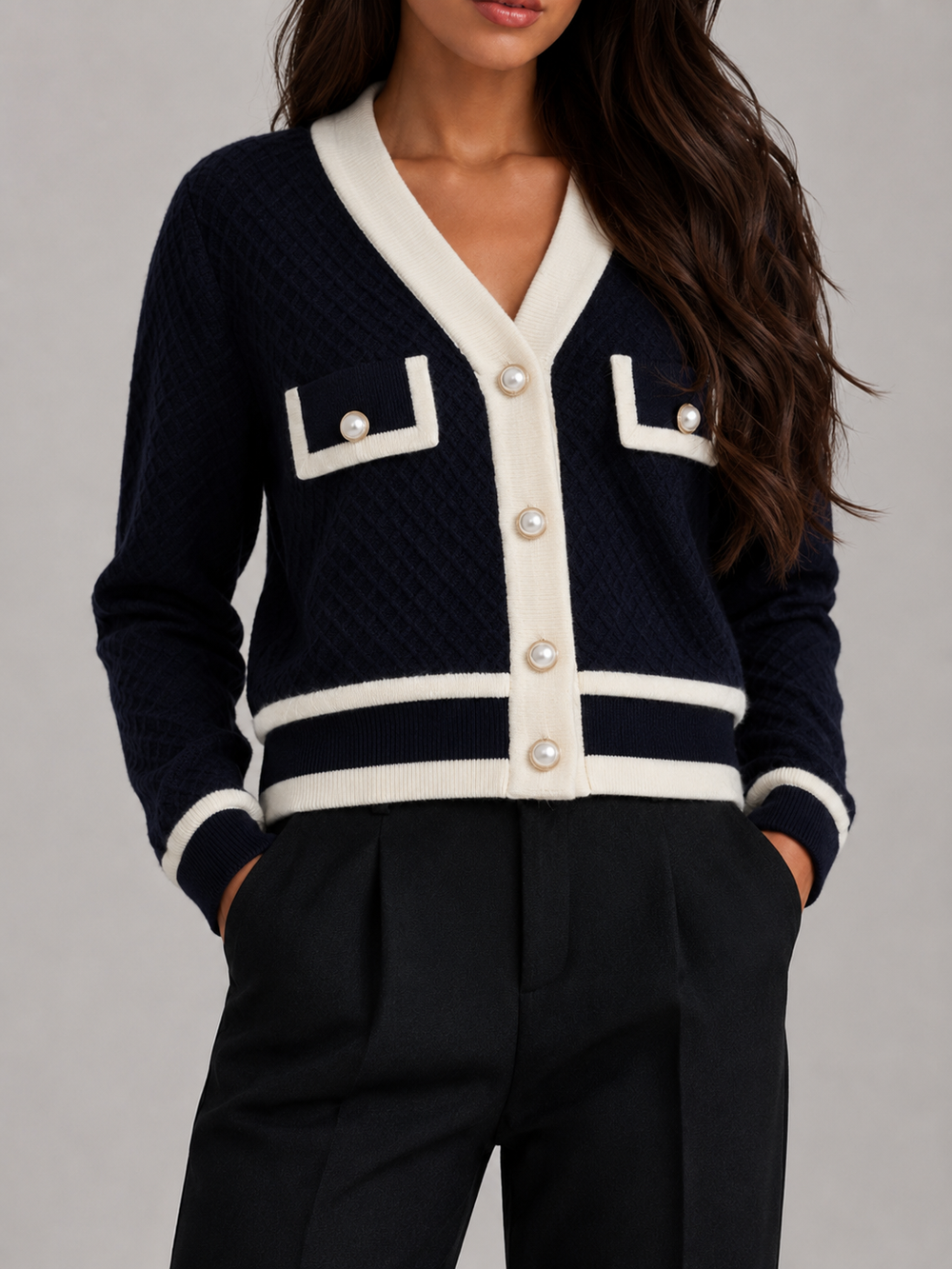 Women's Classic Textured Knit Cardigan with Contrast Trim