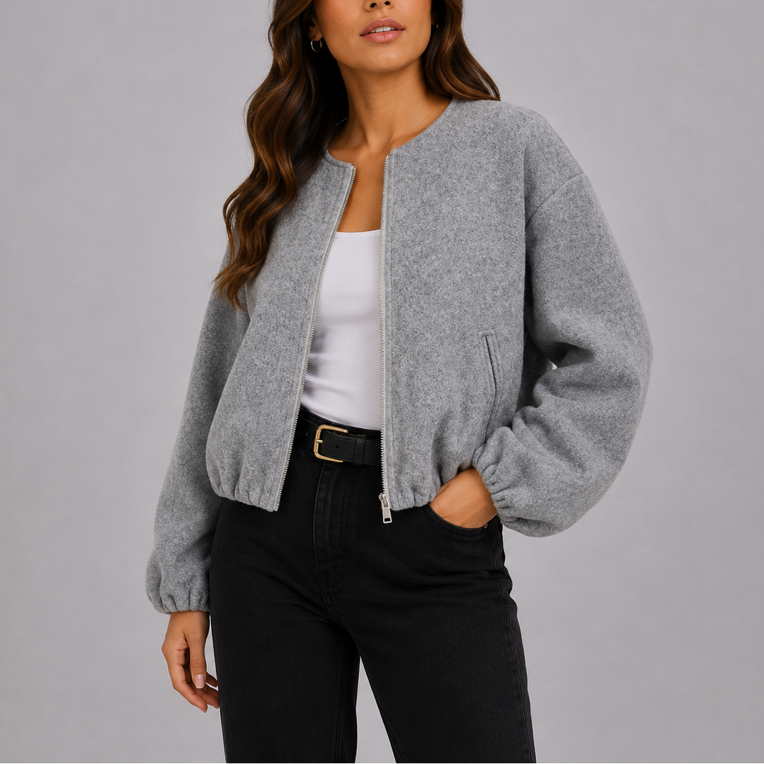 Women's Casual Bomber Jacket with Garterized Sleeves