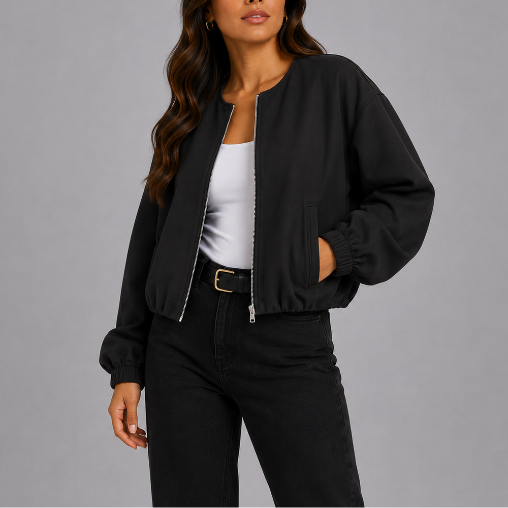Women's Casual Bomber Jacket with Garterized Sleeves