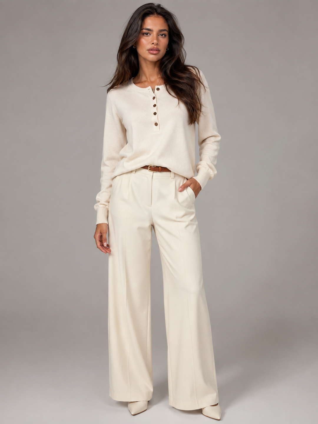 Women's Casual Knit Henley Sweater with Button Placket