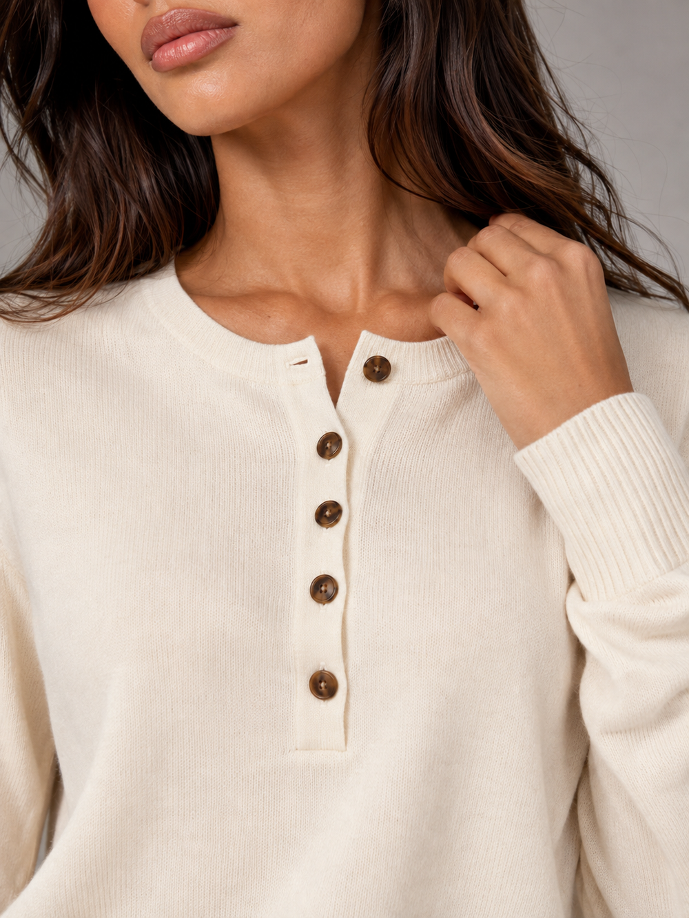 Women's Casual Knit Henley Sweater with Button Placket