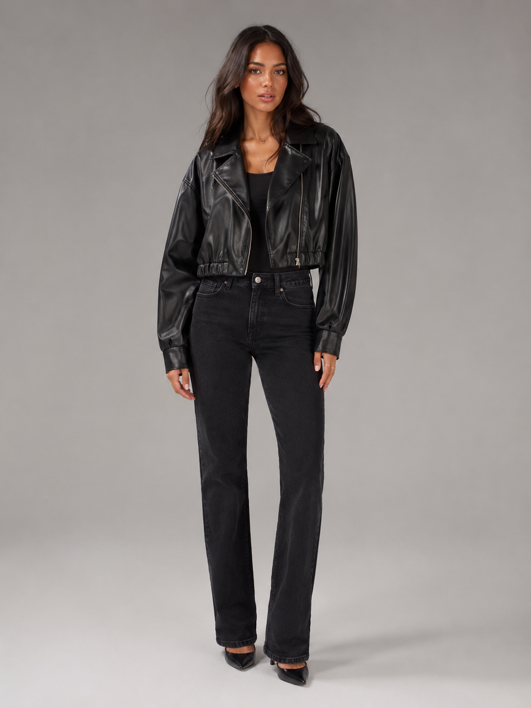 Women's Stylish Faux Leather Cropped Zip Biker Jacket