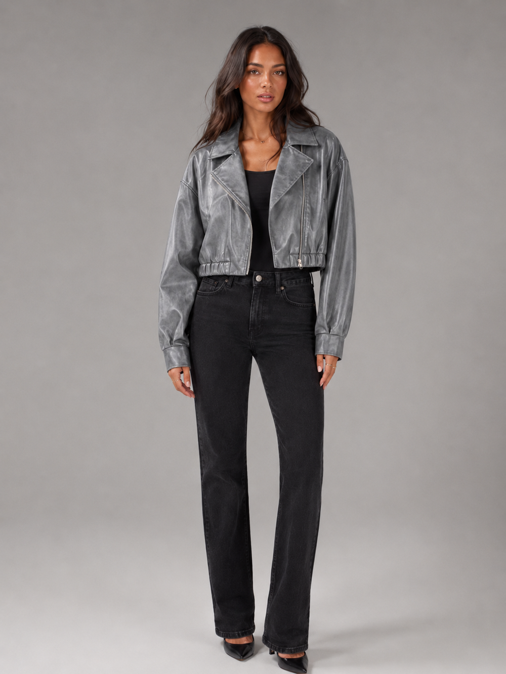 Women's Stylish Faux Leather Cropped Zip Biker Jacket