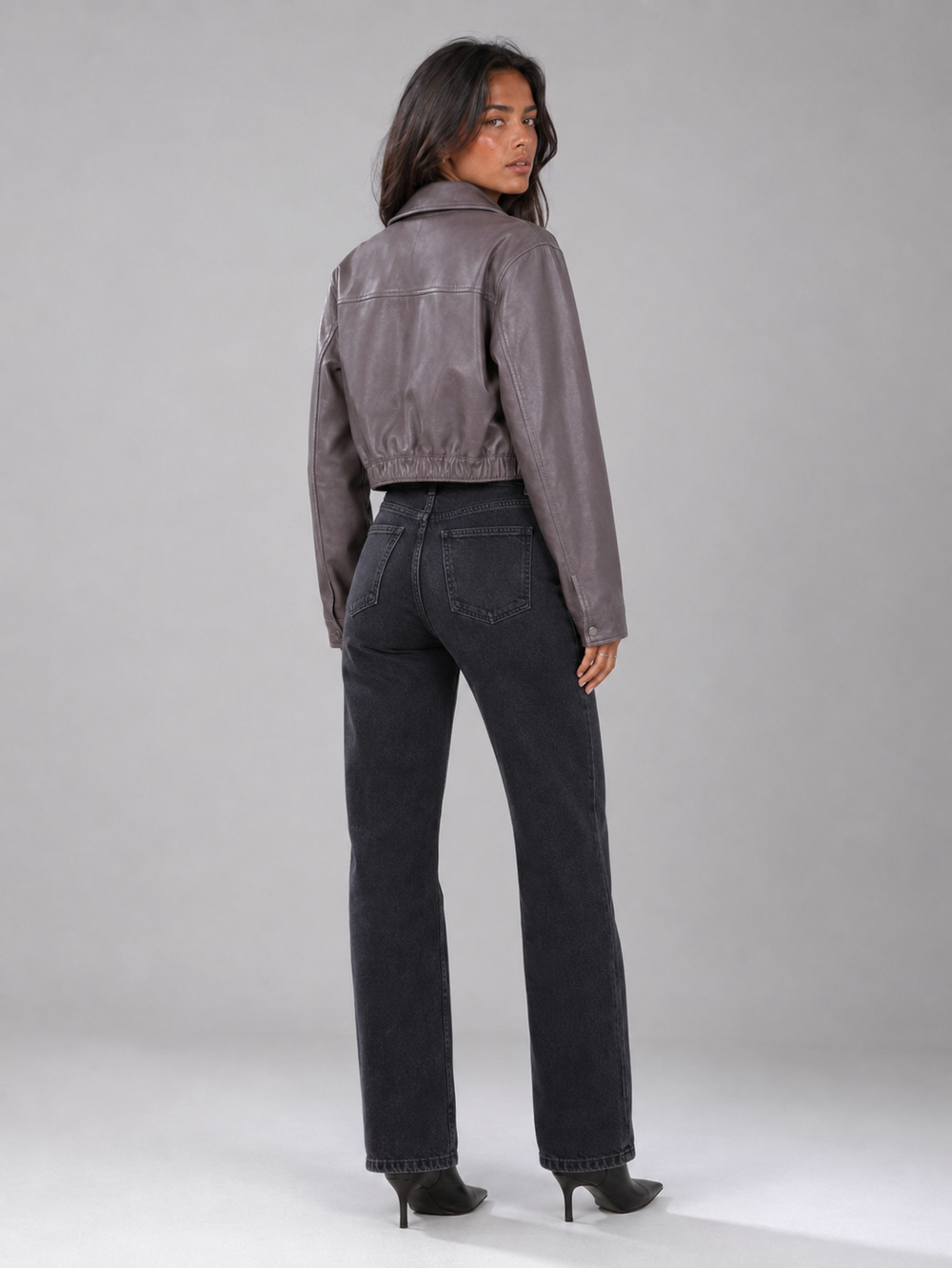 Women's Casual Washed Faux Leather Cropped Trucker Jacket
