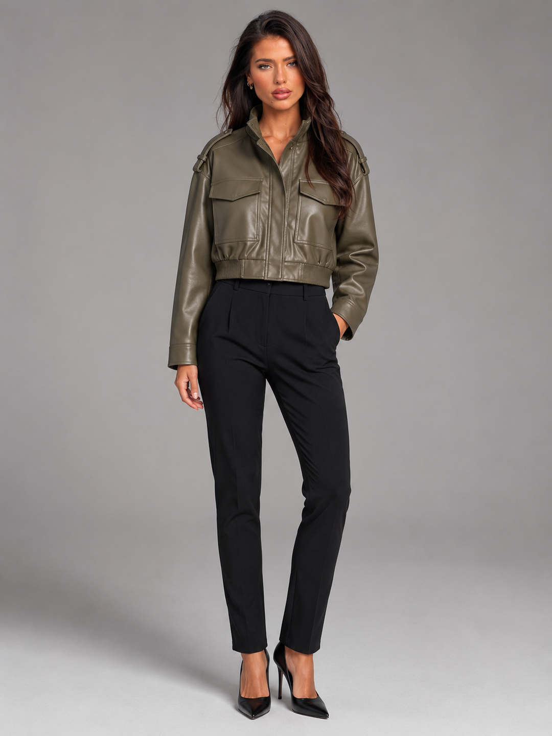 Women's Casual Faux Leather Cropped Utility Jacket