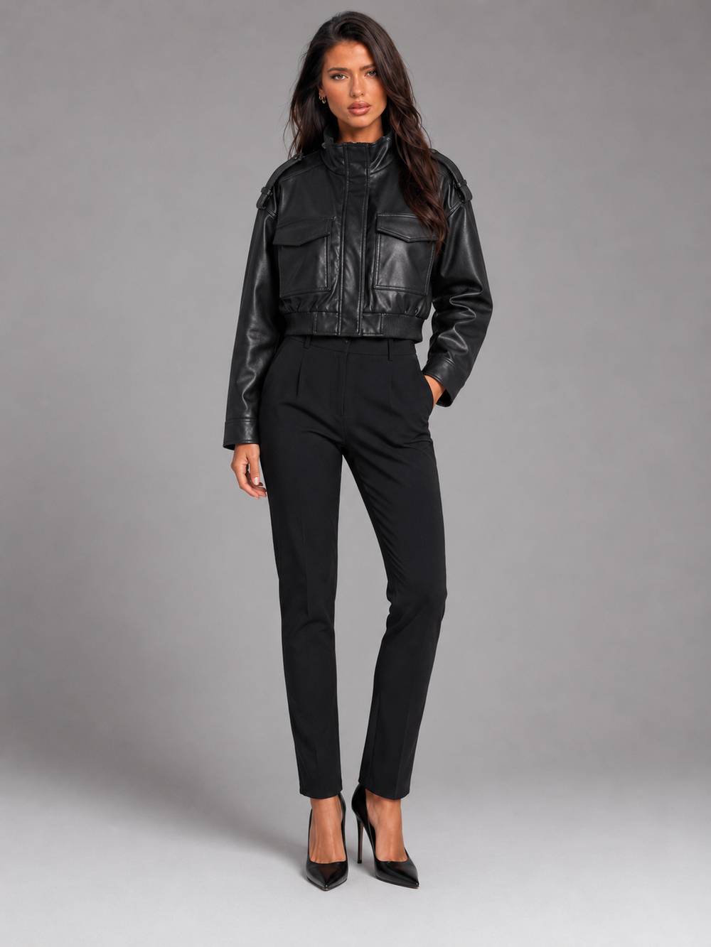 Women's Casual Faux Leather Cropped Utility Jacket