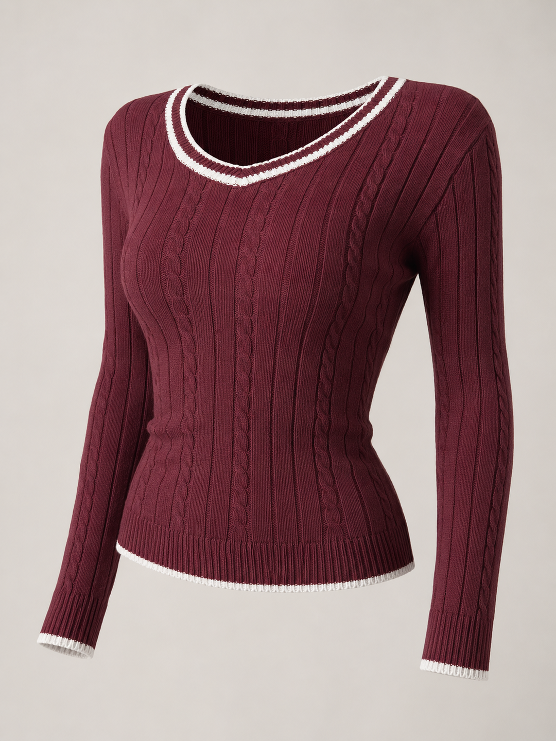 Women's Slim Fit Cable Knit V-Neck Sweater with Contrast Trim