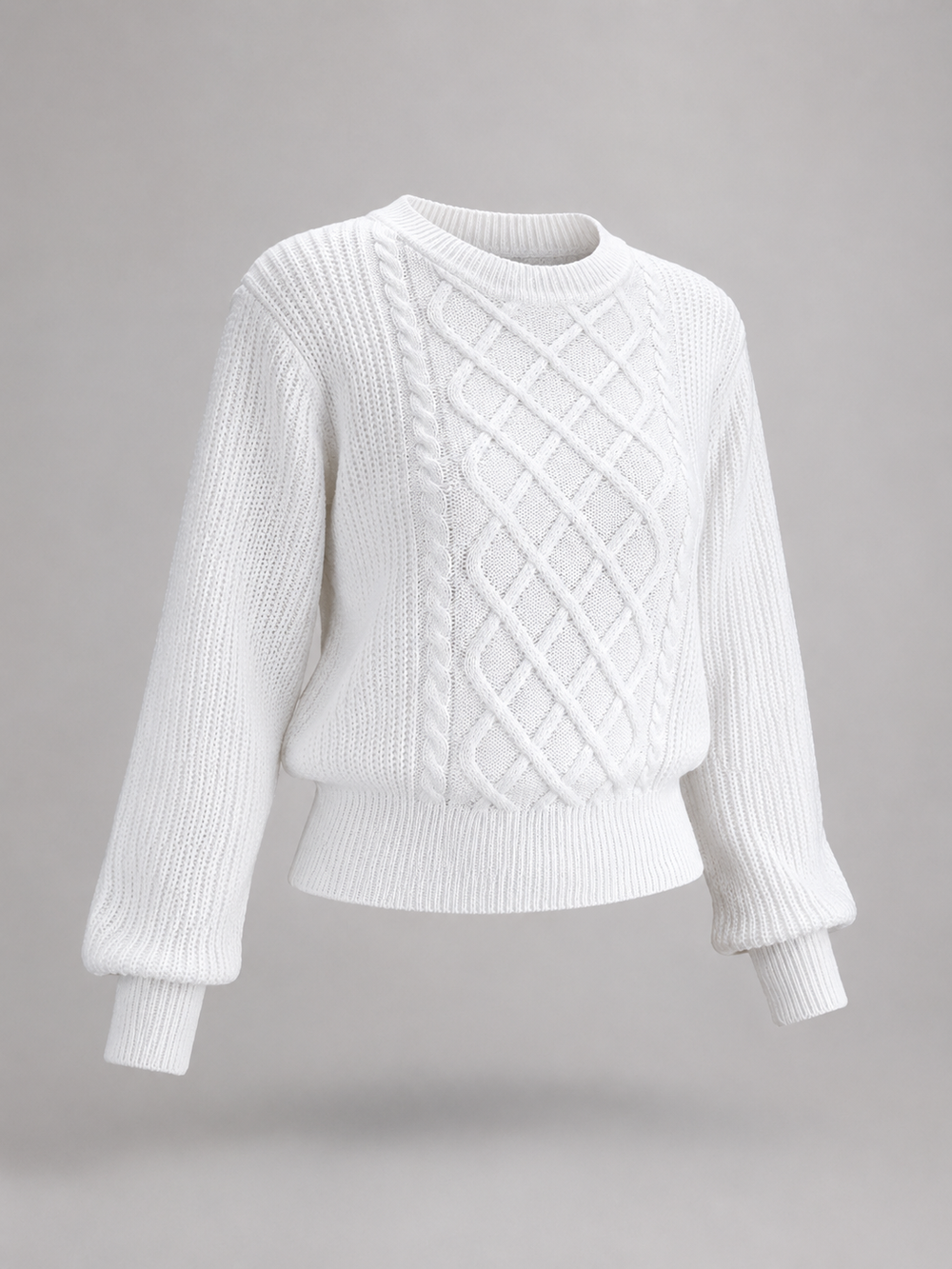 Women's Classic Cable Knit Lantern Sleeve Crewneck Sweater