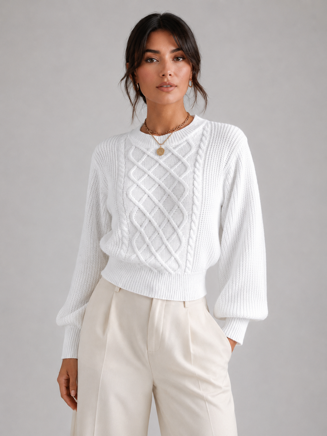 Women's Classic Cable Knit Lantern Sleeve Crewneck Sweater