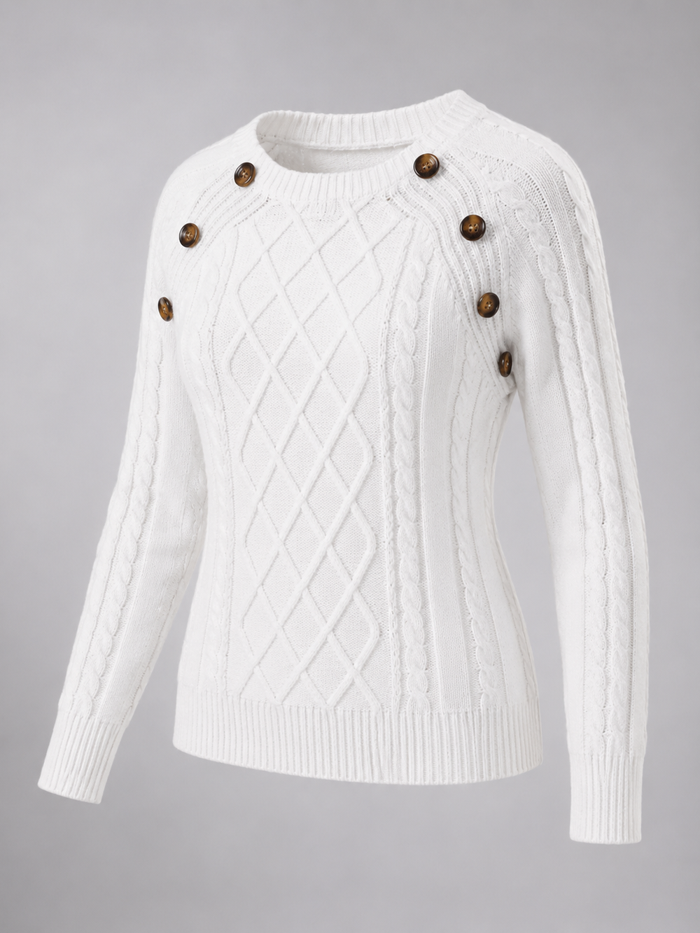 Women's Classic Cable Knit Button Shoulder Crew Neck Sweater