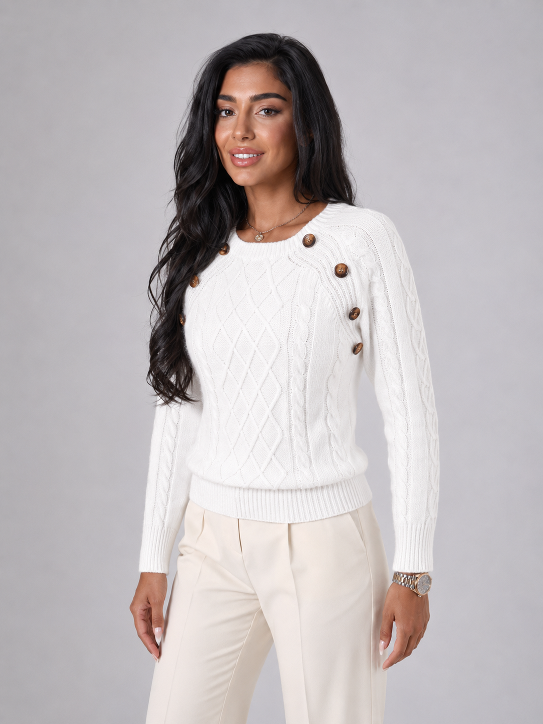 Women's Classic Cable Knit Button Shoulder Crew Neck Sweater