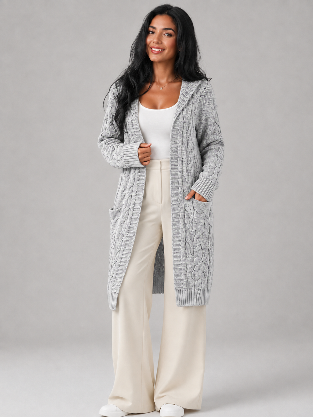 Women's Casual Cable Knit Longline Cardigan with Hood and Pockets