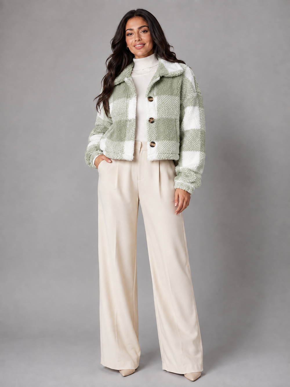 Women's Casual Buffalo Check Sherpa Plush Button Shacket