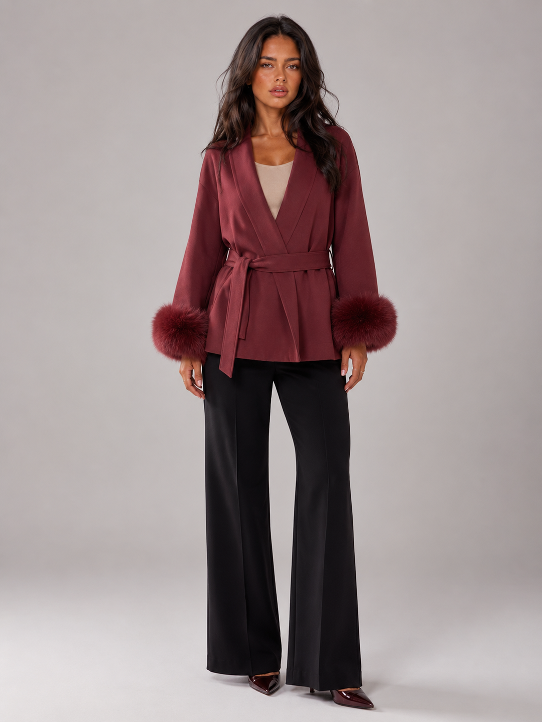 Women's Elegant Belted Wool Blend Coat with Faux Fur Cuffs