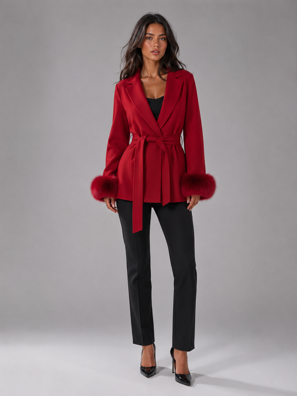 Women's Elegant Belted Wool Blend Coat with Faux Fur Cuffs