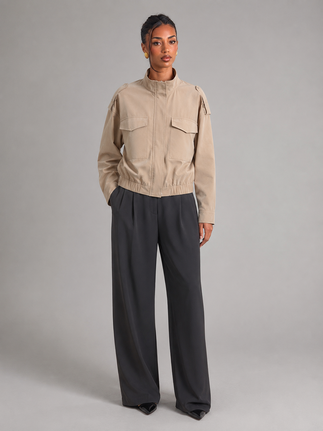Women's Casual Cotton Cropped Utility Jacket with Stand Collar