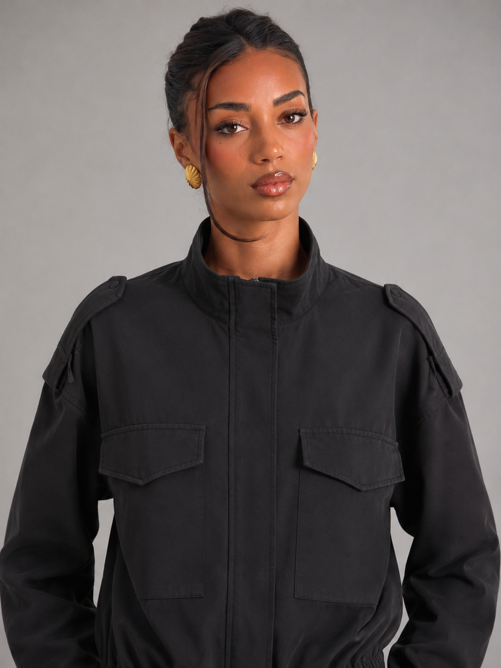 Women's Casual Cotton Cropped Utility Jacket with Stand Collar
