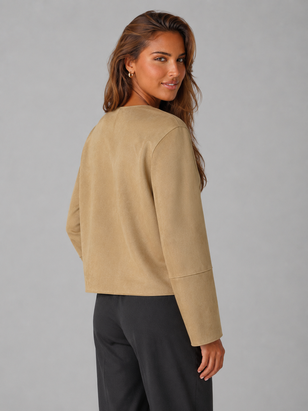 Women's Stylish Suede-Look Cropped Jacket with Patch Pockets Beige