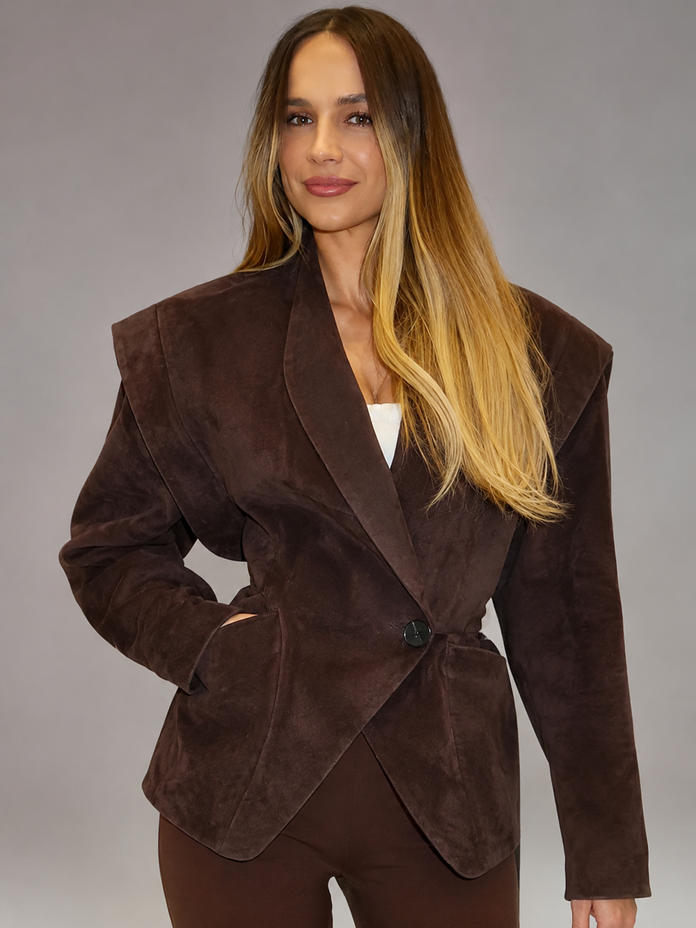 Women's Stylish Suede-Look Structured Shoulder Blazer