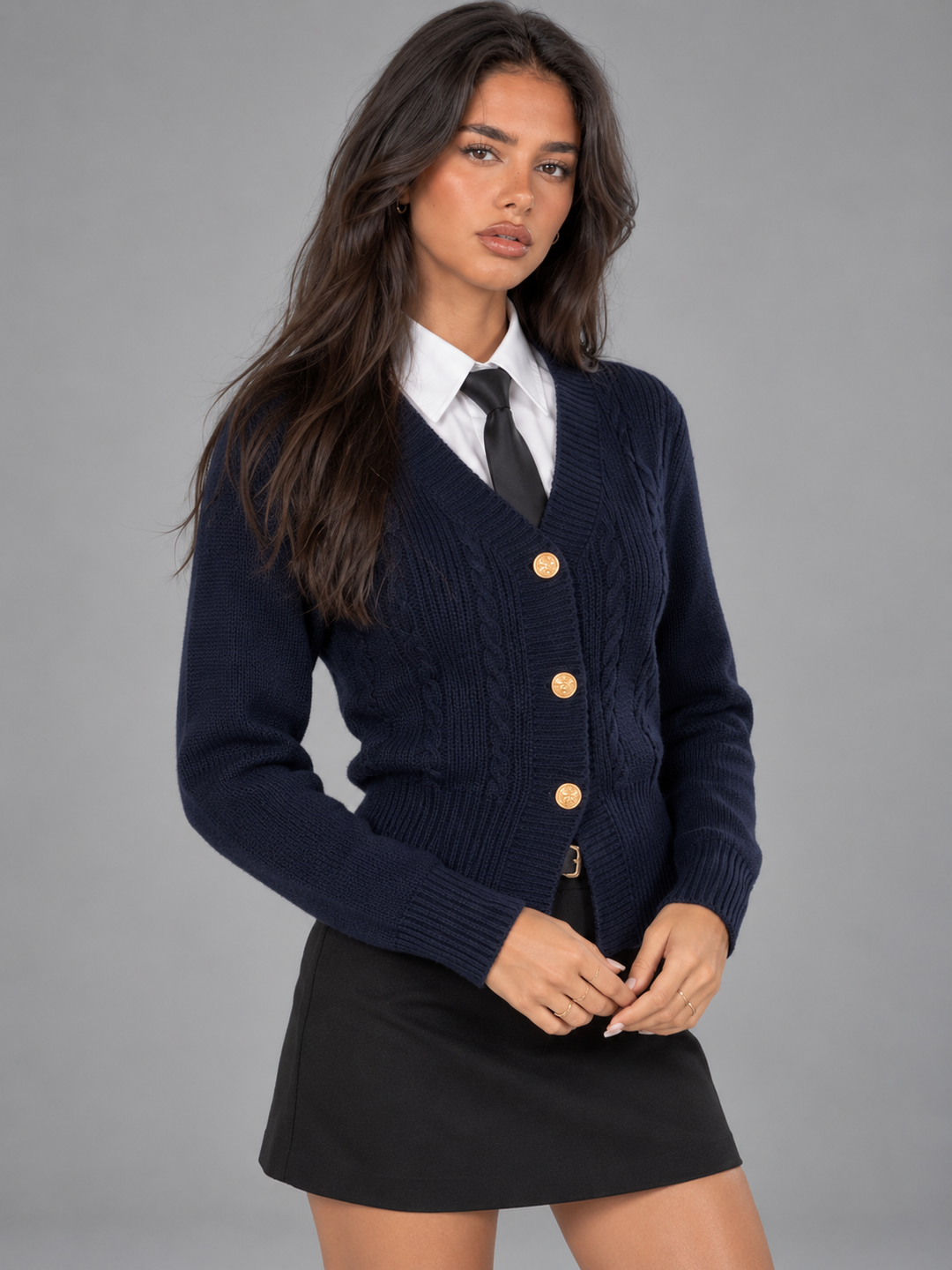 Women's Preppy Cable Knit V-Neck Button Cardigan