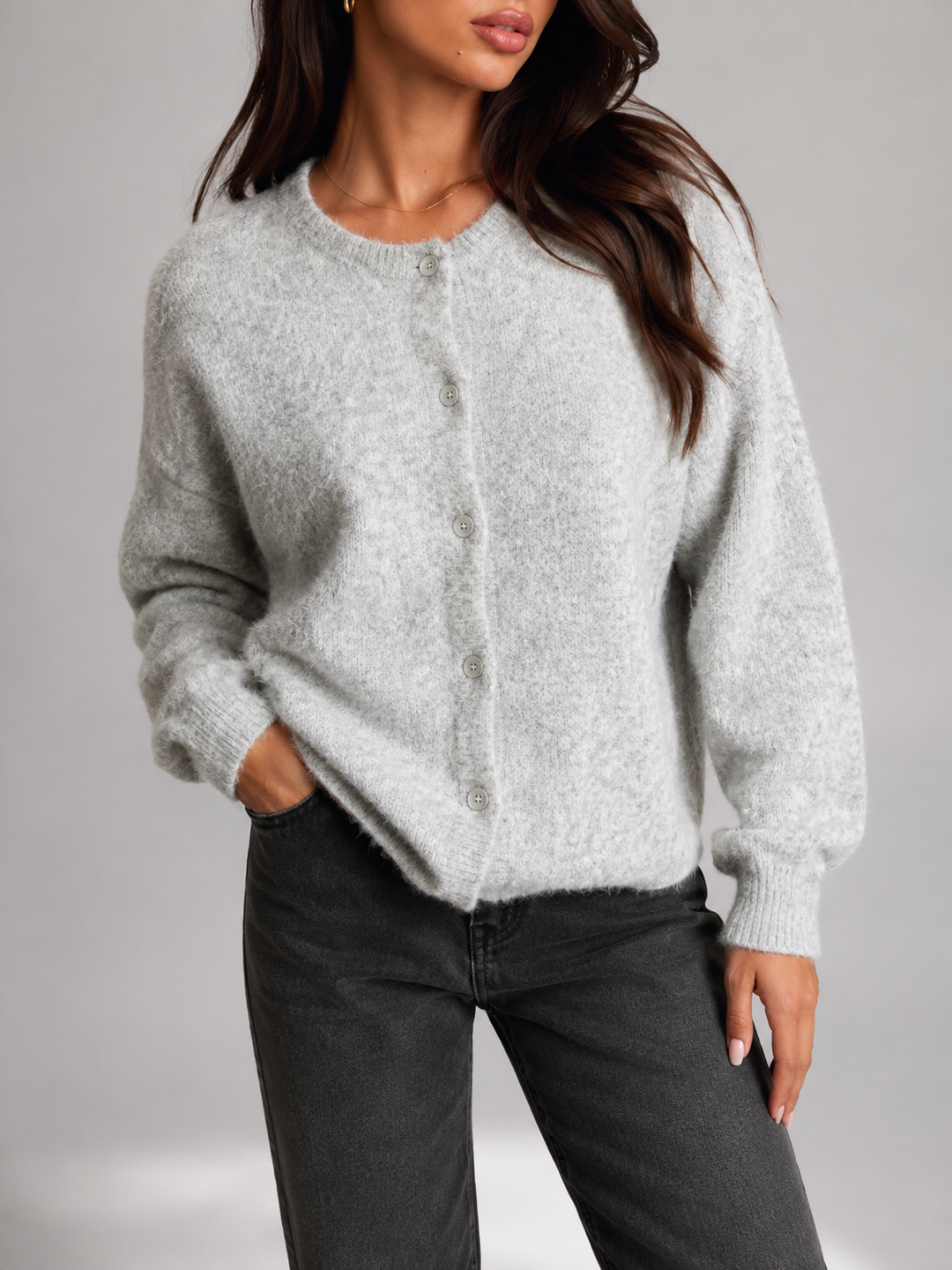Women's Casual Fuzzy Knit Button-Up Cardigan
