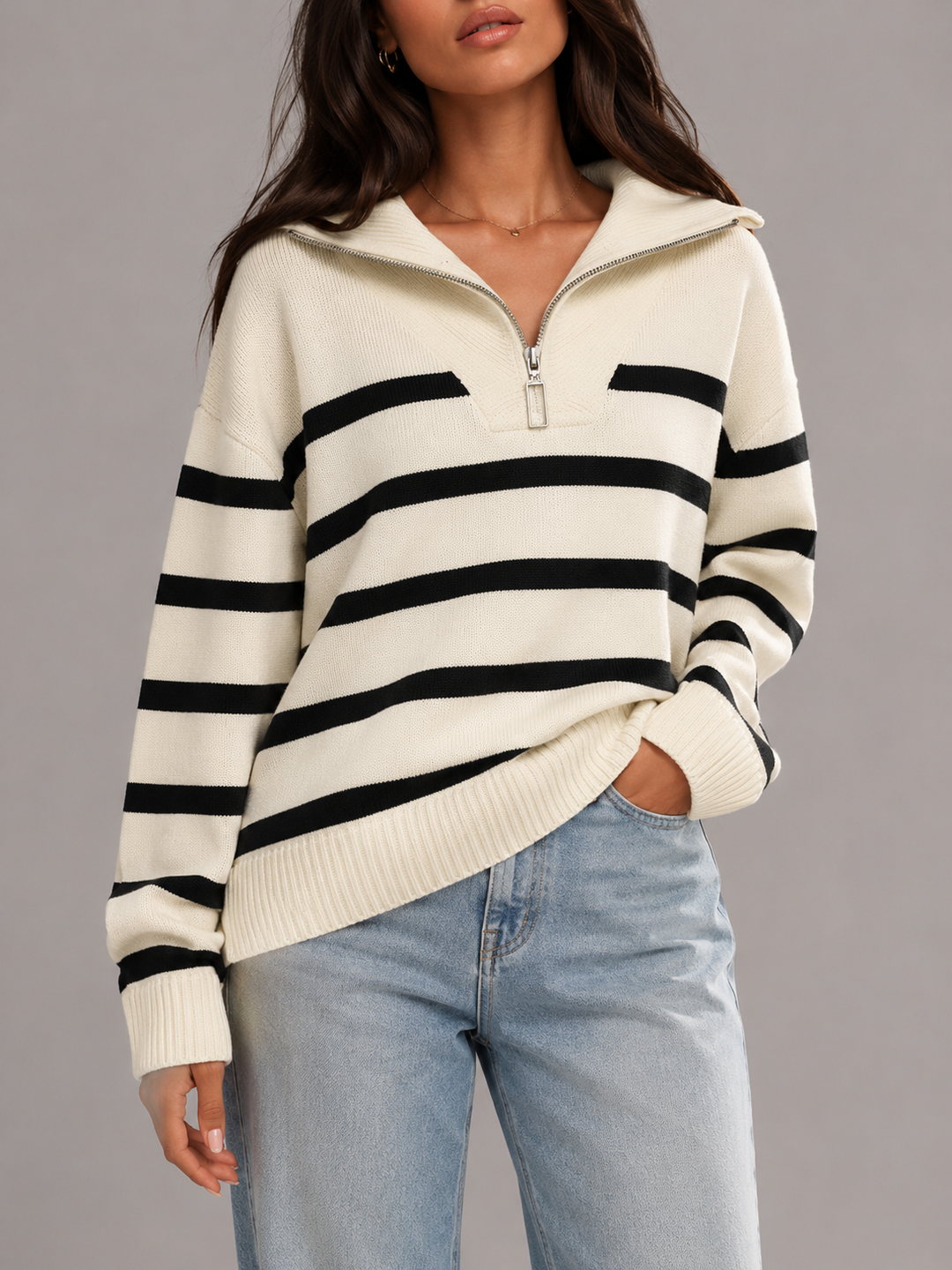 Women's Casual Striped Half Zip Knit Sweater