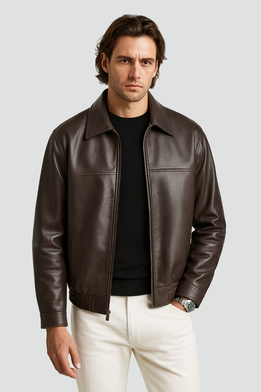 Men's Classic Leather Relaxed Fit Bomber Jacket