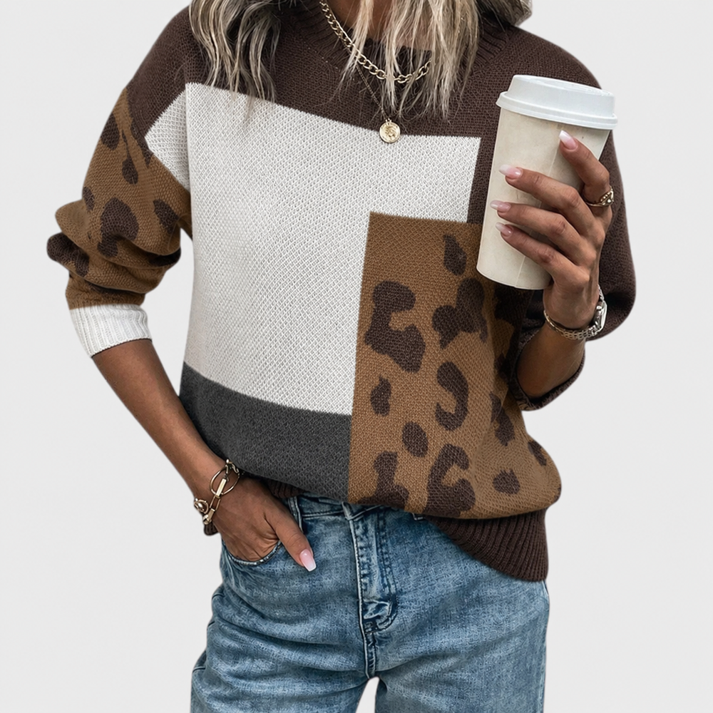 Women's Casual Knit Leopard Print Colorblock Oversized Sweater