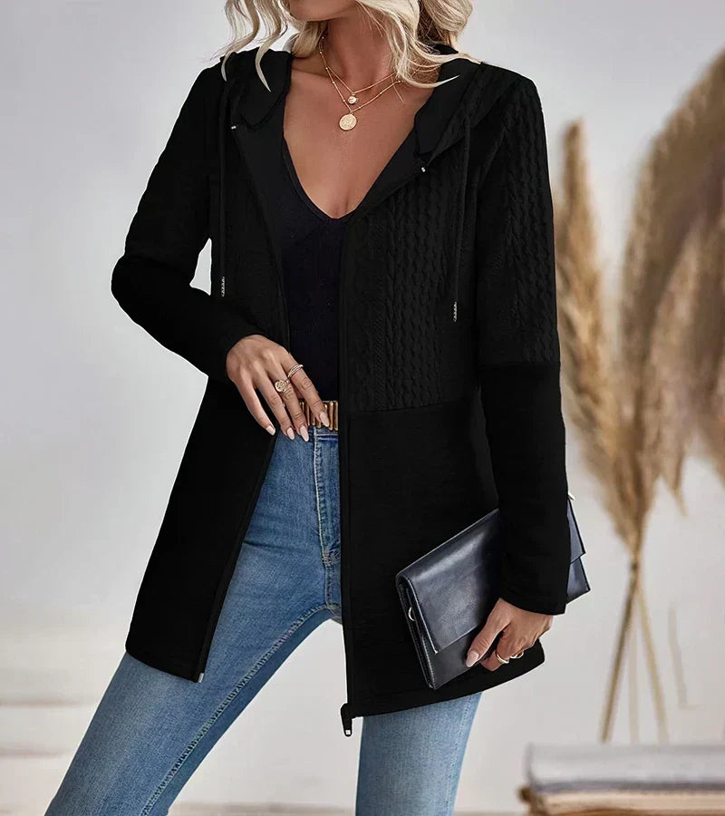 Women's Casual Cable Knit Hooded Zip Front Longline Cardigan