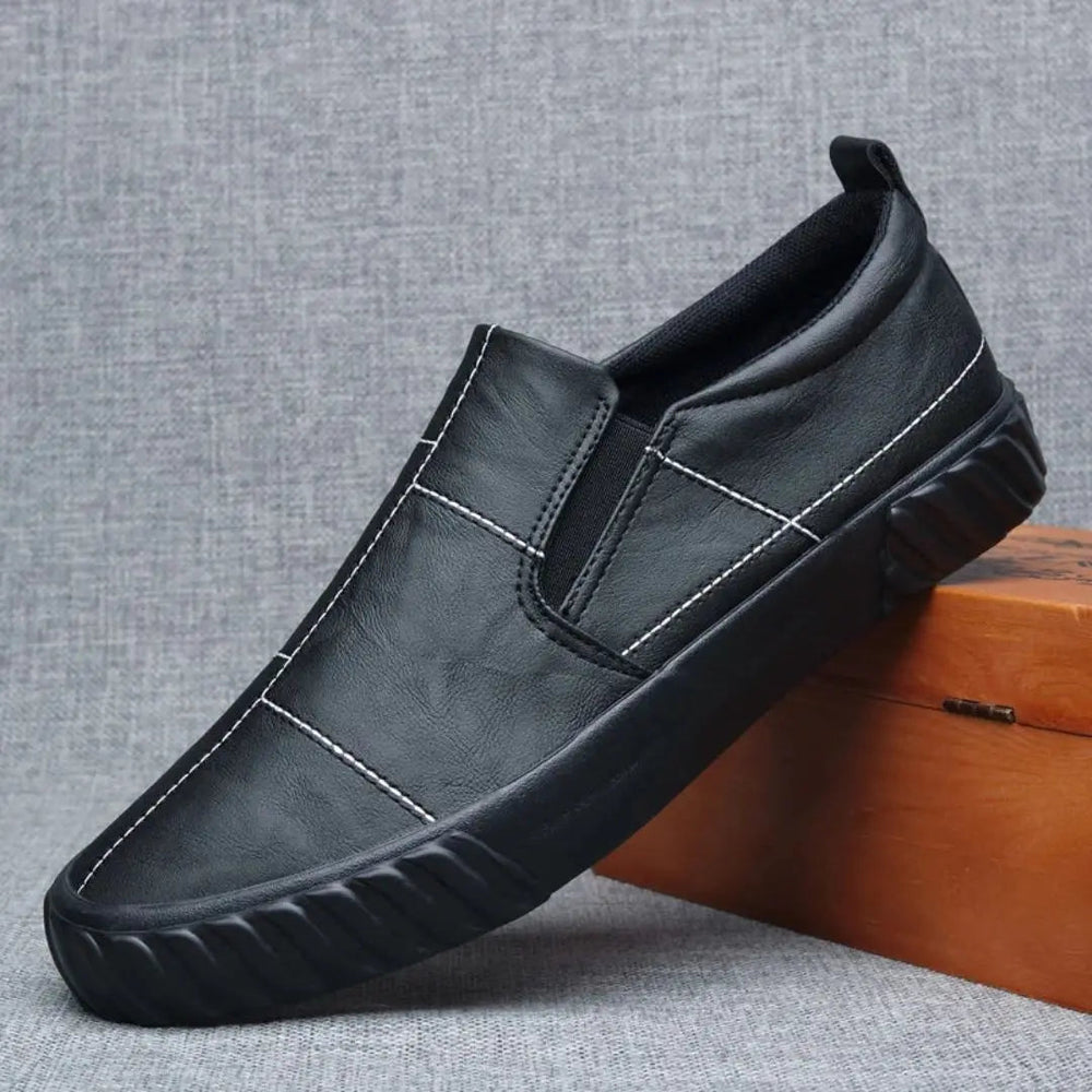 Men's Casual Leather Slip-On Loafers with Elastic Panels