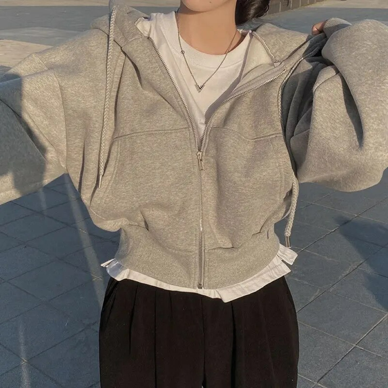 Women's Casual Cotton Blend Cropped Zip-Up Hoodie with Drawstring Hood