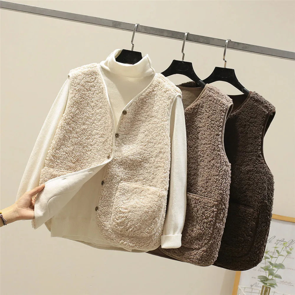 Women's Cozy Sherpa Fleece Sleeveless Cardigan Vest with Button Front
