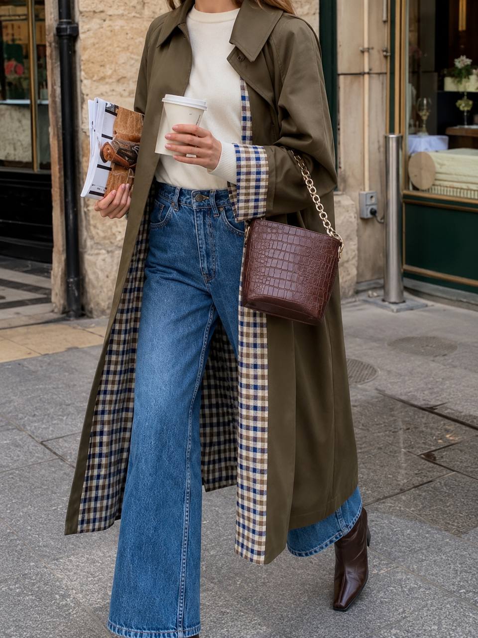 Women's Classic Plaid Lined Long Sleeve Trench Coat with Belt