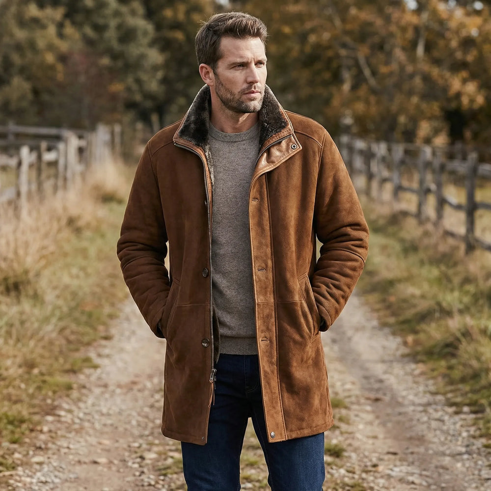 Men's Classic Suede Shearling-Lined Overcoat