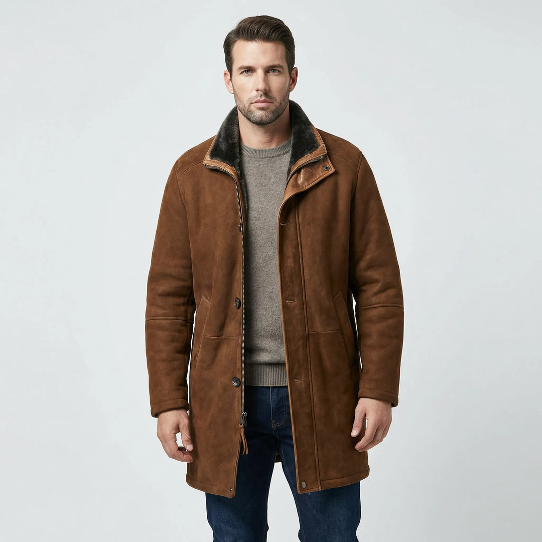 Men's Classic Suede Shearling-Lined Overcoat