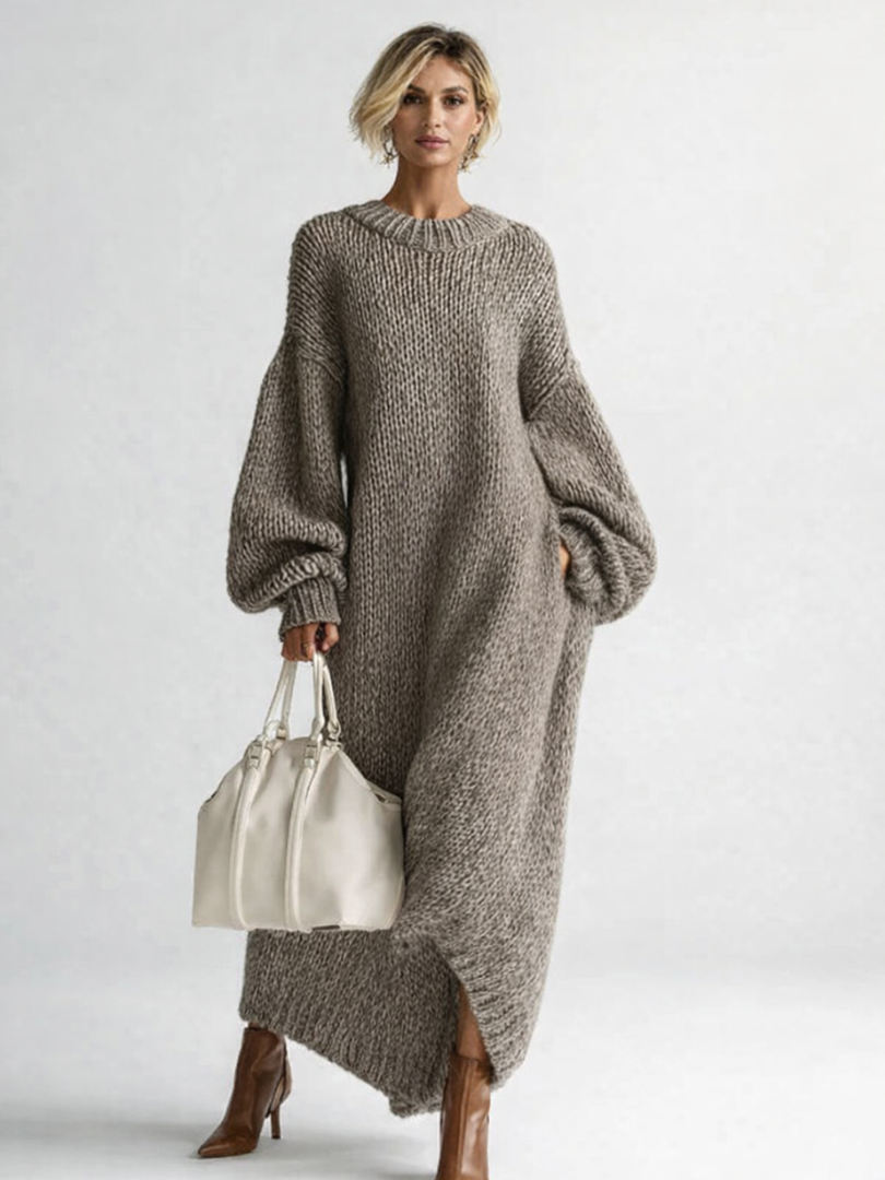 Women's Cozy Chunky Knit Oversized Sweater Dress with Crew Neck