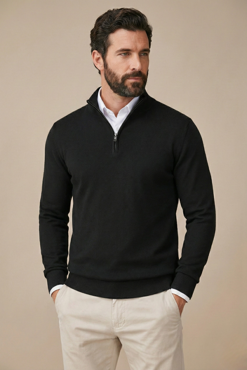 Men's Classic Half Zip Cotton Sweater with Stand Collar