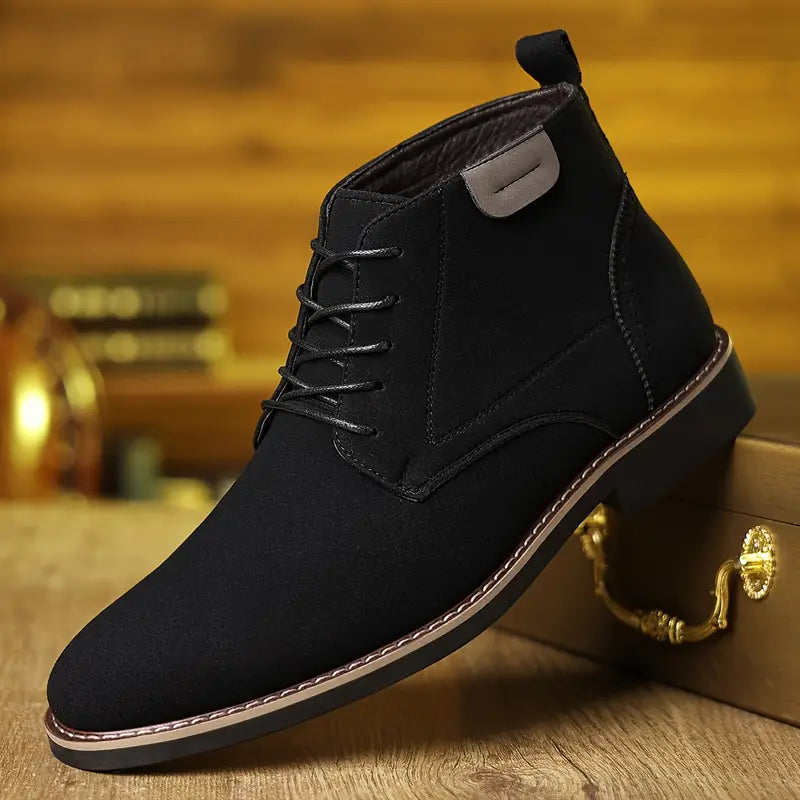 Men's Retro Leather Mid-Top Lace-Up Shoes with Rubber Sole