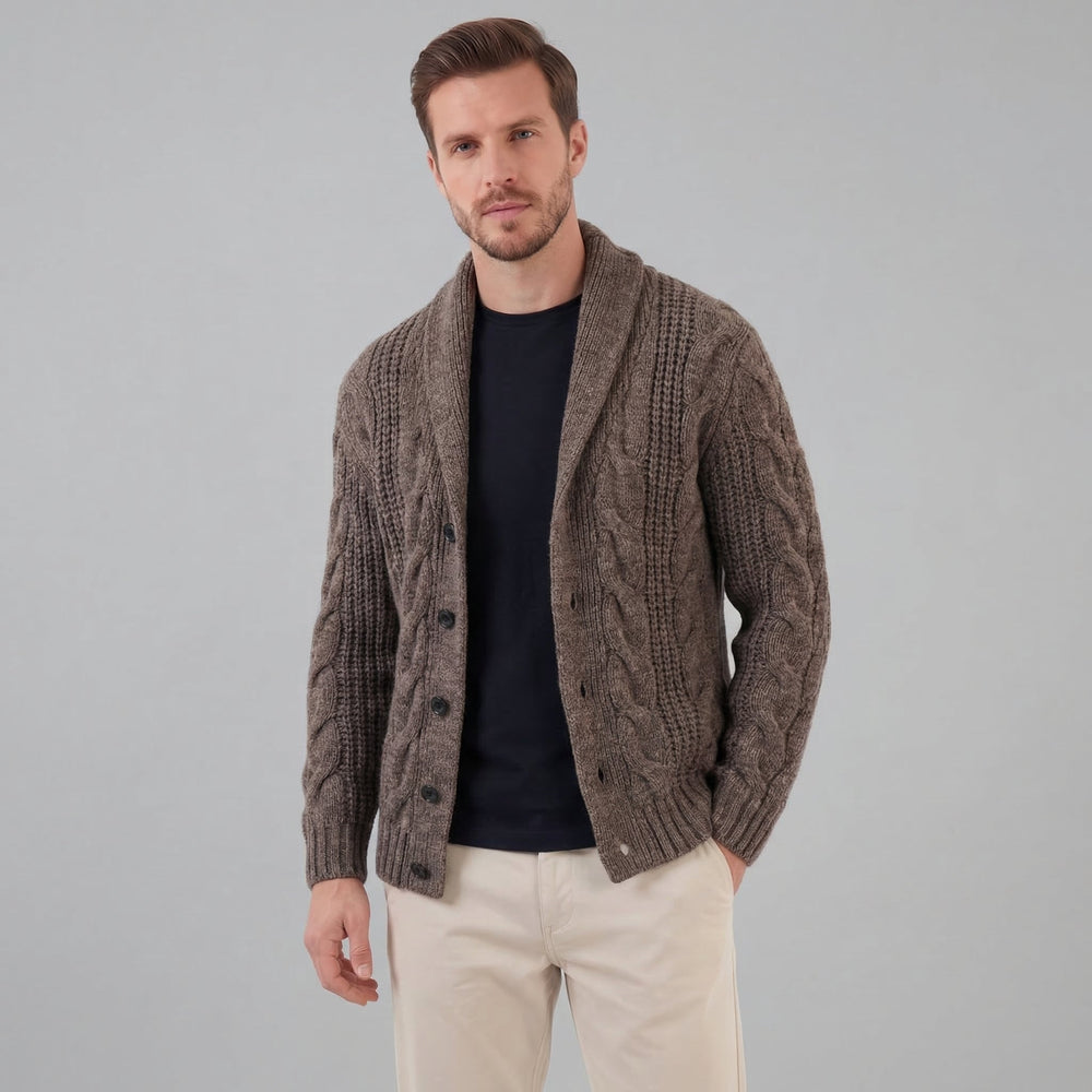 Men's Classic Wool Cable Knit Cardigan with Shawl Collar
